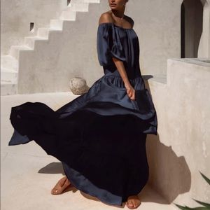 Black, satin maxi dress with matching satin belt